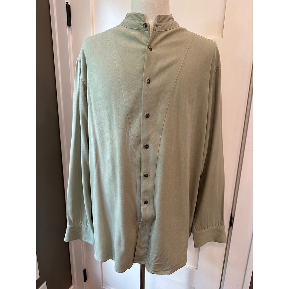 Vtg Scully 100% Silk Shirt XL Sage Green Band Collar Western Star Button Rare